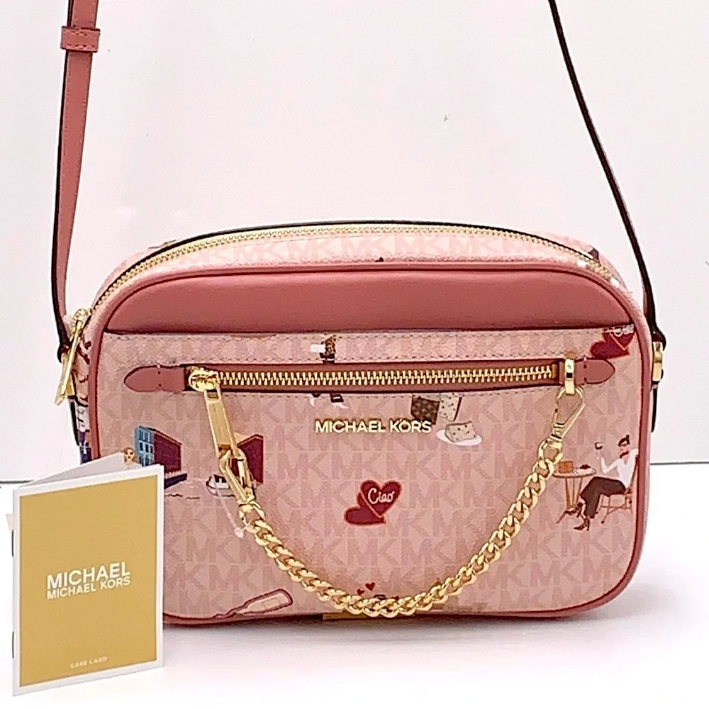 MICHAEL KORS JET SET GIRLS LARGE EAST WEST ZIP PACKED CHAIN XBODY DK POW…
